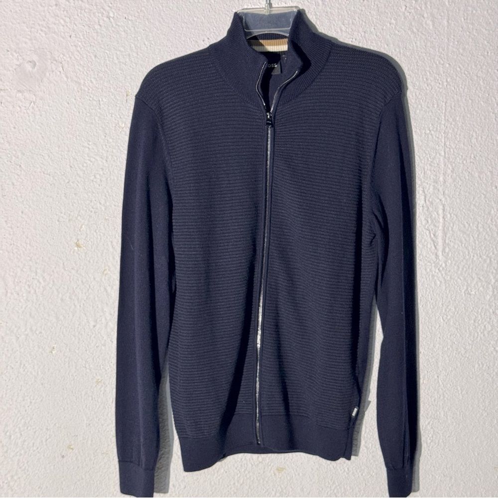 Hugo Boss Men’s Merino Wool Full Zip Sweater in Dark Blue Navy Size Small